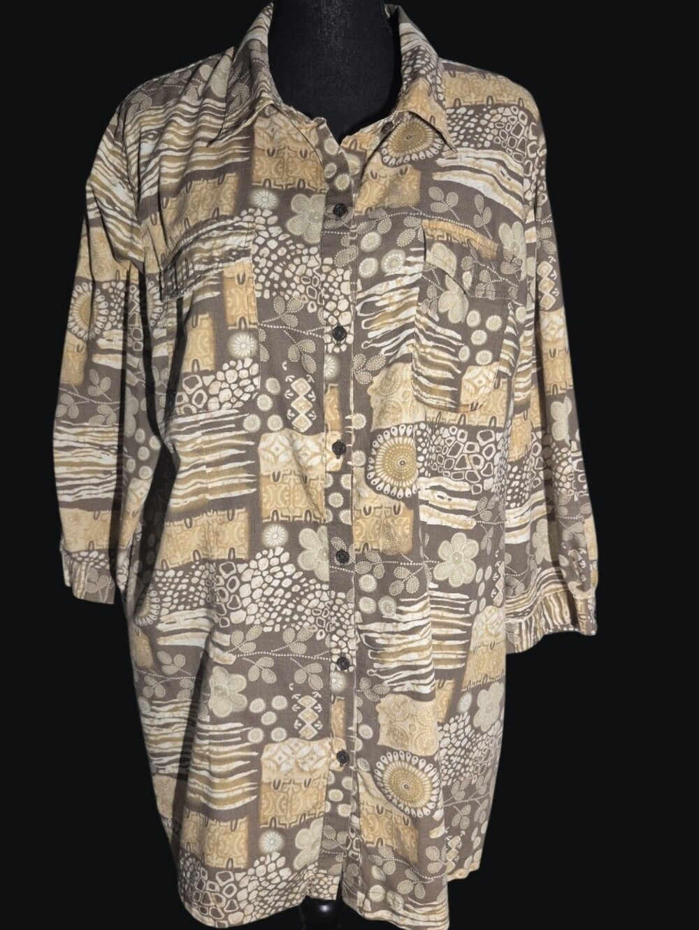 Caribbean Joe Abstract Tribal Print Roll Tab Convertible Long Sleeve Shirt Sz 2X